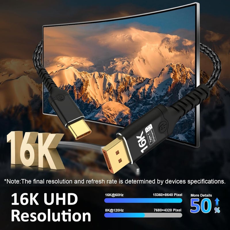 Herfair Displayport to USB C Bidirectional USB C to DisplayPort 2.1 Cable Support 16K@60Hz 8K@120Hz Resolution Braided Thunderbolt 5 Compatible with MacBook Pro/Air, Galaxy S25, iPad Pro, XPS 17, 6.56FT - Image 4